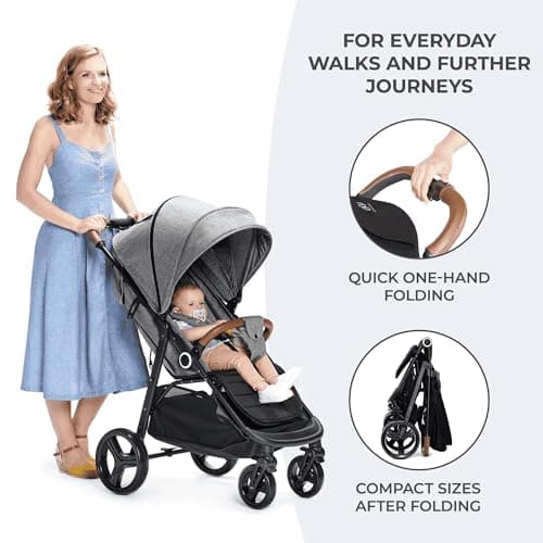 Kinderkraft GRANDE PLUS Pushchair Walking Stick from Birth up to 22 kg, One-Handed Folding, Extended Position, Extendable Hood, 4 Cushioned Wheels, Black - Image 4