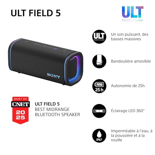 Sony ULT Field 5 - Powerful Bluetooth Portable Speaker, 25 Hour Battery, 2 ULT Power Sound Modes, IP67, Waterproof and Dustproof 360° Lighting, Removable Shoulder Strap, Compact - Black - Image 4
