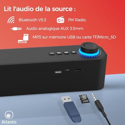 ATLANTIS Soundbar PC 20 W, PC Case, 3.5 mm Jack + Bluetooth 5.3 for Smartphone, FireTV, Turntable, Batt. 2400 MHA, FM Radio, Speaker PC, Laptop, TV, Smartphone Dimm 420 x 60 x 74 mm Black - Image 5