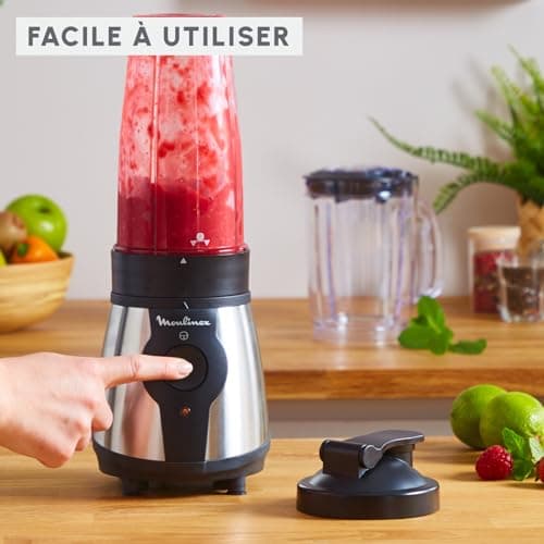 Moulinex Electric Blender Blender, Power 300 W, Plastic Bottle 750 ml, 4 Removable Blenders, Stainless Steel Finish, Fresh and Healthy Smoothies LM1B1D10, Black - Image 6