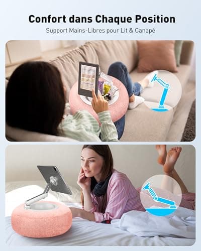 AboveTEK Kindle Cushion Holder, Magnetic iPad Stand for Bed with Snack Bowl, 360° Adjustable, Compatible with Kindle/Tablet/Phone, Comfortable Gift (Pink) - Image 3