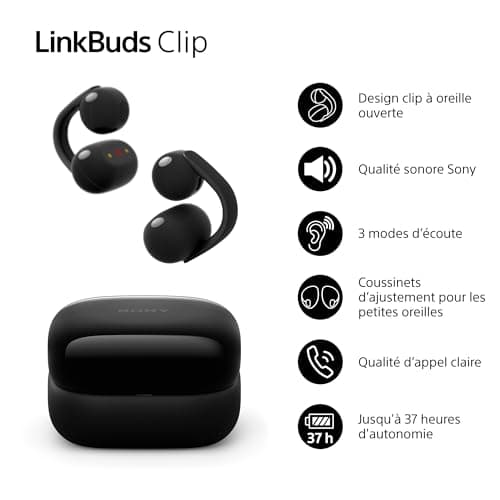 Écouteurs Sony LinkBuds Clip à Oreilles Libres, Conception Confortable à Clipser, 3 Modes d'écoute et Son Riche, Assistant Vocal IA, Commande par tapotement, iOS et Android – Noir - Image 3
