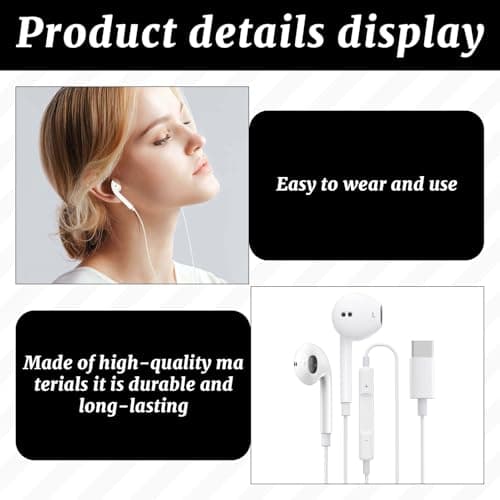 Wired Earphones for iPhone, 2 Pieces USB C Wired Earphones for Samsung Galaxy S24 S23 S22 S21 FE S20 A55 A54/for iPhone 15/for Google Pixel/Mi 11T/12/14, Audio Type C - Image 4