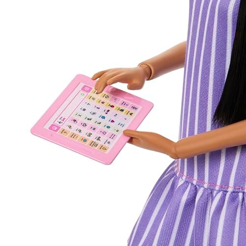 Barbie Barbie Fashionistas Autistic doll wearing a purple striped dress, with accessories such as a hand spinner, tablet and headphones - Image 6