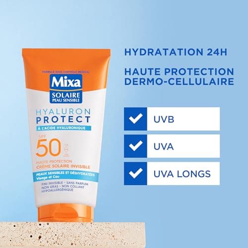 Mixa Solaire Peau Sensible - Crème Solaire Invisible à l'Acide Hyaluronique - Haute Protection SFP50 UVA, UVA longs, UVB - Peaux Sensibles et Déshydratées - Visage et Cou - Hypoallergénique - 50 ml - Image 4