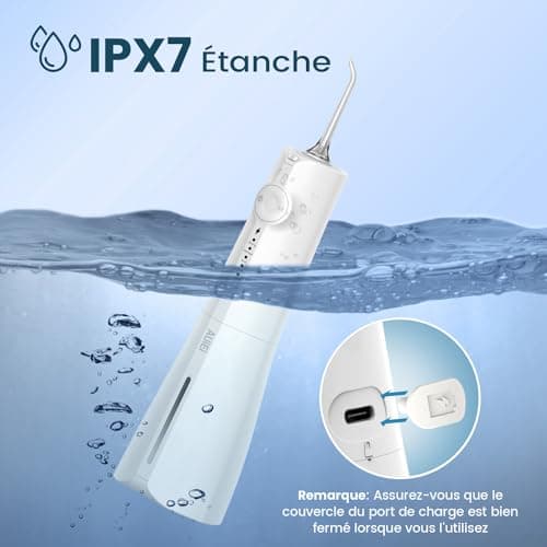 Portable Water Flosser Dental Jet Water Flosser, Oral Irrigator 5 Modes and 8 Nozzles, 300 ml Tank, USB Charged, IPX7 Waterproof, Sensitive Gum (White) - Image 7