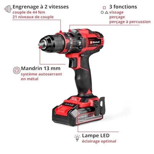 Einhell Perceuse-visseuse à percussion sans fil TE-CD 18/44 Li-i (1 x 2,5 Ah) Power X-Change (18 V, 44 Nm, perçage à percussion, mandrin métallique 13 mm, 2 vitesses, avec batterie 2,5 Ah et chargeur) - Image 7