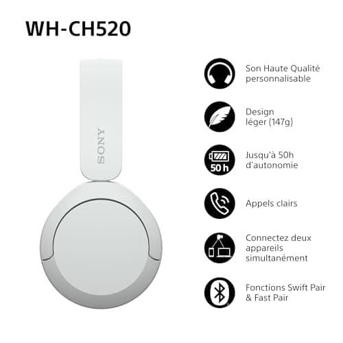Sony WH-CH520 - Wireless Bluetooth Headphones, Multipoint, Built-in Mic - Up to 50 Hours of Battery Life and Fast Charge - White - Image 4