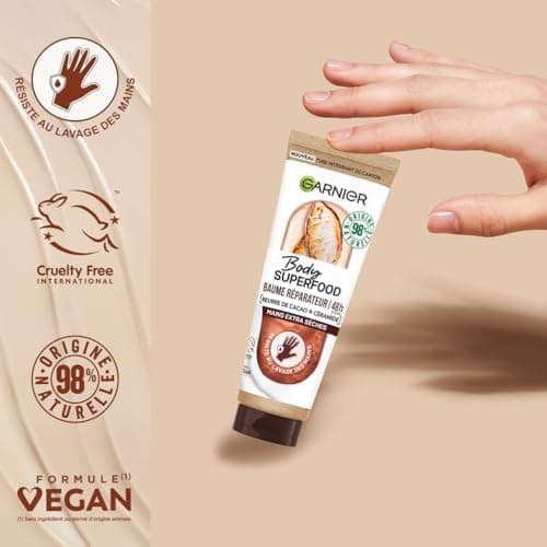 Garnier Body Superfood - Baume Mains Réparateur 48H au Beurre de Cacao & Céramide - Formule Vegan à 98% d'Ingrédients d'Origine Naturelle - Pour Mains Extra Sèches - 75 ml - Image 7
