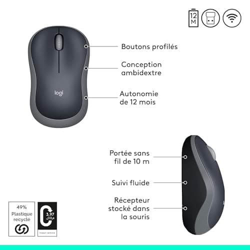 Logitech M185 2.4GHz Wireless Mouse with Mini USB Receiver, 12 Months Battery Life, 1000 DPI Sensor Resolution, Ambidextrous, Compatible with PC, Mac, Laptop - Grey/Black - Image 7