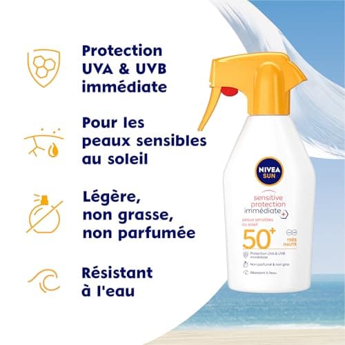 NIVEA SUN Spray solaire Sensitive Protection Immédiate Peaux Sensibles FPS 50+ (1 x 270 ml), Protection anti UV non grasse et sans parfum, Crème solaire résistante à l’eau - Image 3