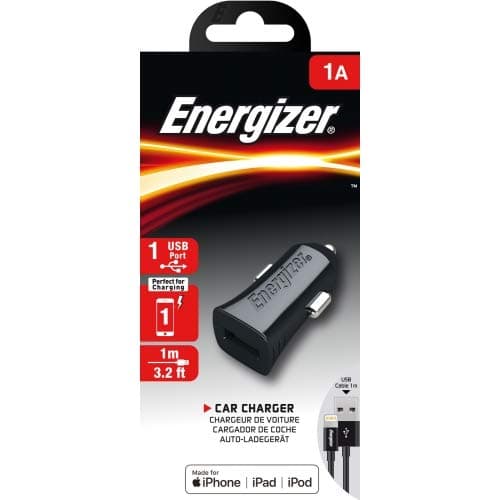 Energizer Mobile and Accessories DCA1ACLB3 Car Charger 1 A 1 USB Lightning Cable Included / MFI Compatible with Cigarette Lighter Socket Fast Charging and Sync Black - Image 2