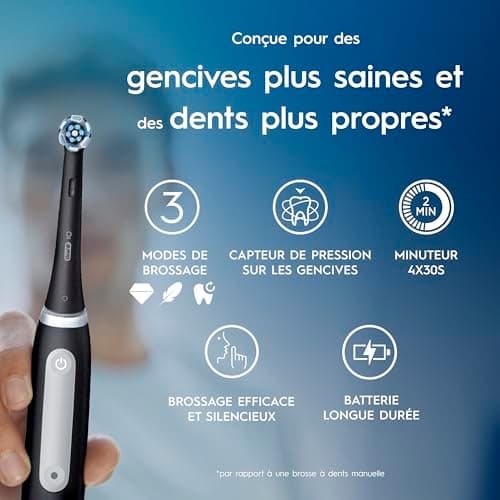 Oral-B iO 3 Brosse A Dents Electrique Noire, Pour Adultes, Modes De Nettoyage Avec Blancheur, Doux Pour Les Gencives, Capteur De Pression, Brossette Oral B De Rechange, Chargeur, Porte-Brossettes - Image 5