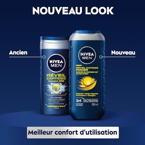 NIVEA MEN Gel douche Réveil Express Power (1 x 250 ml) — Soin lavant vivifiant enrichi en Infusion d'Agrumes — Gel douche homme 3 EN 1 — Soin nettoyant Corps Visage & Cheveux Effet Frais 24H - Image 5