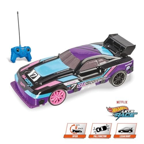 Mondo Hot Wheels GT Scorcher Motors, 1:24 Scale Model, Up to 8 km/h Speed, Children's Carref 63822, with LED lights in the body, Colour Purple and Blue - Image 3