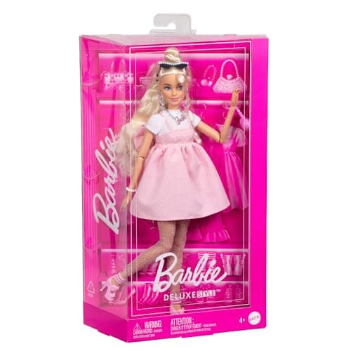 Barbie Deluxe Style Barbie Doll in Barbiecore Fashion Outfit with Blonde Hair Styled in High Bun Pastel Pink Dress with Big Bow and Accessories Such as Fishnet Tights HYV27 - Image 7