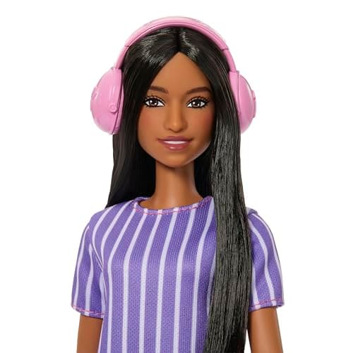 Barbie Barbie Fashionistas Autistic doll wearing a purple striped dress, with accessories such as a hand spinner, tablet and headphones - Image 4