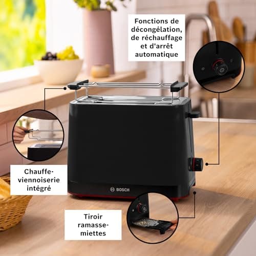 Bosch, Grille-pain, MyMoment, 2 fentes, fonctions décongélation et réchauffage, chauffe-viennoiserie pliable, HighLift, arrêt automatique, noir, TAT3M123 - Image 4