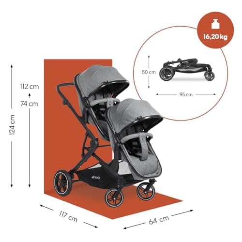 hauck Atlantic Twin Double Stroller - From Birth up to 15 kg per Child - 2 Carrycot Convertible to Reclining Seats - Foldable - Height Adjustable - Rubber Wheels, Heather Grey - Image 5