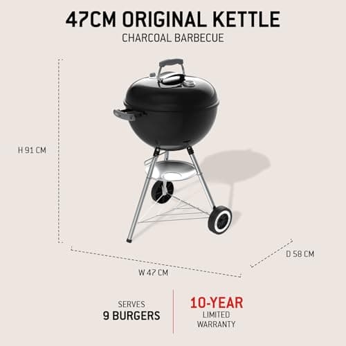 Weber Original Kettle Charcoal Barbecue Kettle with Enamelled Steel Lid and Bowl 47 cm Grill, One-Touch Cleaning System, Built-in Thermometer, Tripod with Wheels, Black - Image 5
