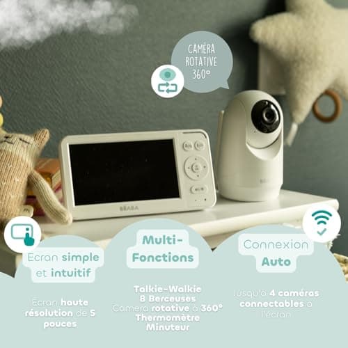 BÉABA, Zen Plus 2 Babyphone Camera – 360° Rotatable Camera, 5 Inch HD Display, Night Vision, Walkie-Talkie, Thermometer, 8 Lullabies, 300 m Range, 20 Hour Battery Life, 4 Connectable Cameras, White - Image 4