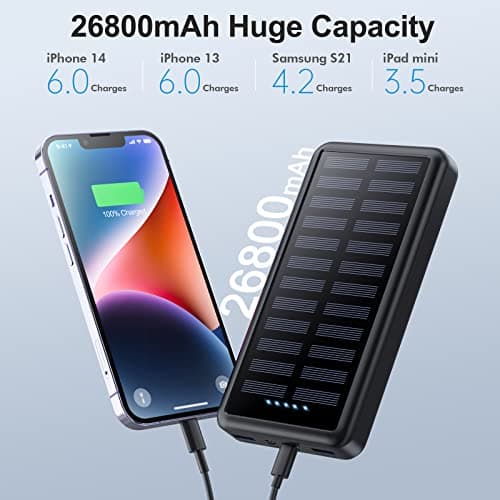 External Battery USB C 26800mAh, Solar Power Bank 15W PD 3.0A Fast Charging, Portable Solar Charger with LED Flashlight Battery Compatible with iPhone/Samsung, Tablet and Camping - Image 3
