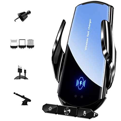 Wireless Phone Holder for Car Charger 15W Fast Charging Mobile Phone Holder Wireless Charging Magnetic Head with Type-C/iOS/Micro USB Port (Black) - Image 2