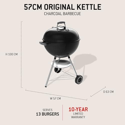 Weber Original Kettle Charcoal Barbecue Kettle with Enamelled Steel Lid and Bowl 57 cm Grill One-Touch Cleaning System Built-in Thermometer Tripod with Wheels Black - Image 5