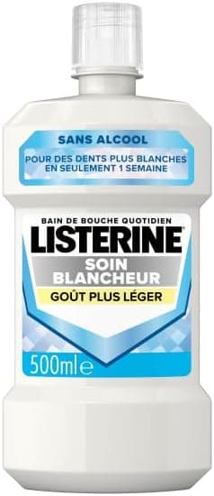 Listerine–Bain de Bouche Quotidien Soin Blancheur Goût Plus Léger 0%Alcool (bouteille de 500ml)–Soin bucco-dentaire sans alcool à l'action blanchissante–Bain de bouche pour une haleine fraîche durable