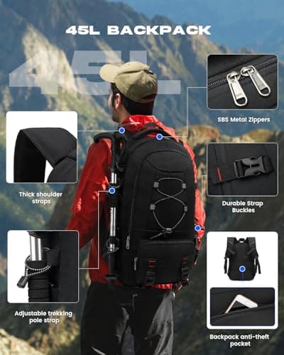 Travel Backpack, 45L Waterproof Hiking Large Capacity Laptop Backpack 17.3 Inches Trekking Men Women for Outdoor Sports Camping – Black - Image 5
