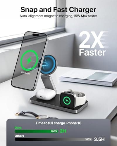 Wireless Charger with Mag-Safe, 3 in 1 Charging Station for Apple, Foldable Wireless Inductive Charger for iPhone Air 17 16 15 14 13 12, Apple Watch, AirPods Pro with Quick Adapter - Image 3