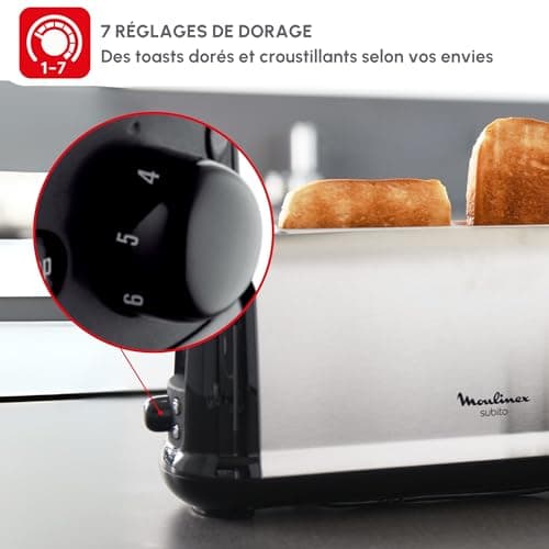 Moulinex Toaster 1 long slot, 7 levels of browning, Wide slot, Stop button, Defrost, Reheat, Crumb tray, Subito, Stainless steel LS260800 - Image 6