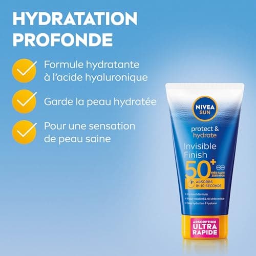 NIVEA SUN Lait Solaire Invisible Finish Protect & Hydrate SPF 50+ 150 ml — Crème Solaire résistante à l'eau — Protège et Hydrate — Haute Protection Visage et Corps - Image 4