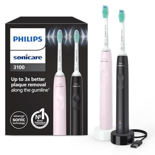 Philips Sonicare 3100, Brosse à dents électrique sonique, capteur de pression et minuterie, rose pastel et noir, pack de 2, modèle HX3675/15 - Image 3