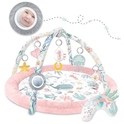 Nukido Baby Play Mat with Removable Arches 7 Multifunctional Toys Soft Cushion Sensory Development Hand Eye Coordination Pink Ocean - Image 8
