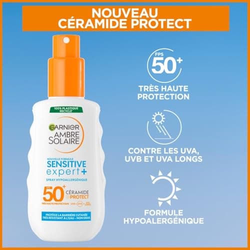 GARNIER Ambre Solaire Sensitive Expert+ - Spray Protection Solaire FPS 50+ - Protège des UVA, UVB Et UVA Longs - Résiste à L'eau - Enrichi en Céramides - Tous Types de Peaux - 150 ml - Image 5
