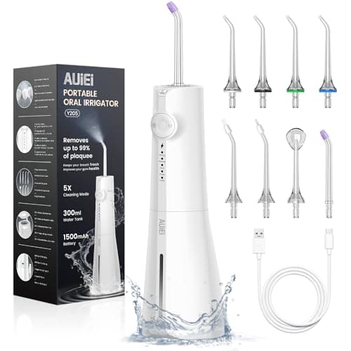 Portable Water Flosser Dental Jet Water Flosser, Oral Irrigator 5 Modes and 8 Nozzles, 300 ml Tank, USB Charged, IPX7 Waterproof, Sensitive Gum (White) - Image 2