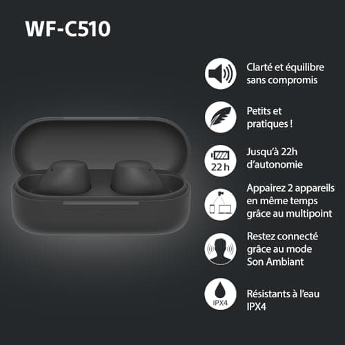 Sony WF-C510 Truly Wireless - Ecouteurs Intra-Auriculaires Bluetooth, Petits, Légers, Connexion Multipoint, Son Ambiant, IPX4, Spotify Tap, Charge Rapide, Batterie jusqu'à 22h, iOS et Android – Noir - Image 6