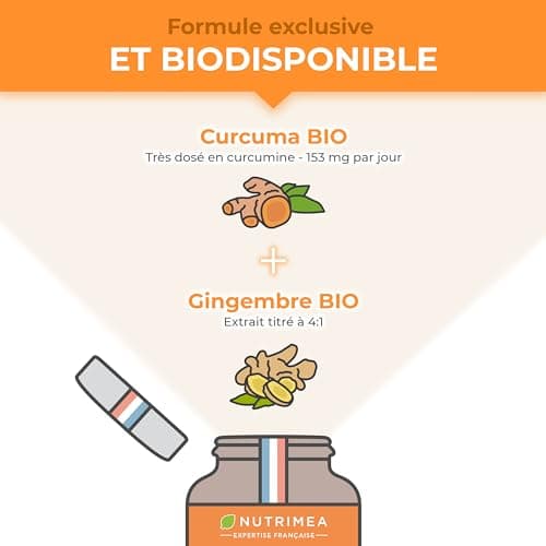 CURCUMA - Extrait de Curcuma BIO Titré à 95% en Curcuminoïdes - Avec Gingembre BIO - Anti Inflammatoire & Antioxydant - Douleurs Articulaires - Nutrimea - 60 Gélules Vegan - Fabriqué en France - Image 6