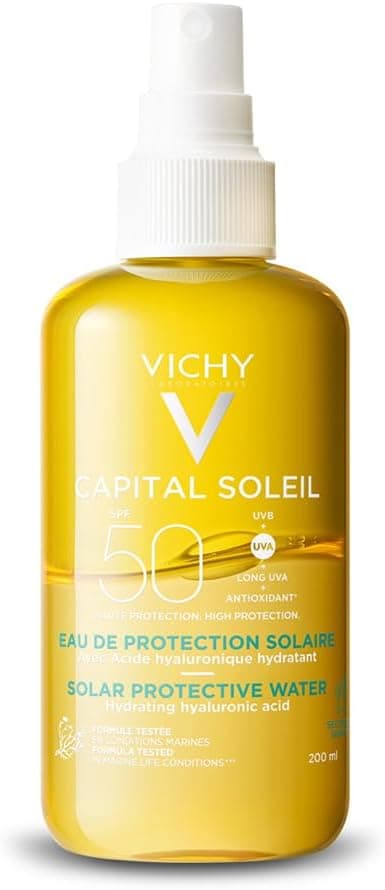 Vichy, Capital Soleil, Eau de Protection Solaire SPF50, Formule Hydratante, Enrichie en Acide Hyaluronique, Convient aux Peaux Sensibles, 200 ml