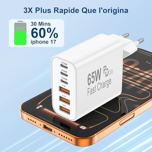 Chargeur USB C, 65W 6 Port Prise USBC Chargeur Rapide iPhone, Multiple Secteur Double PD+QC 3.1A Type C Adaptateur pour iPhone 17 16 15 14 13 12 11 Plus Pro Max X XS XR 8 7 SE, pour iPad,pour Samsung - Image 5