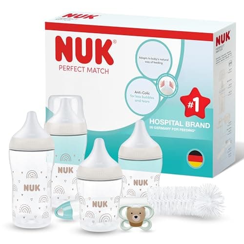 NUK Perfect Match Perfect Start Ensemble de biberons | 0-6 mois | 4 biberons anti-coliques (150 ml, 260 ml), 2 tétines, 1 sucette Perfect Match Air, 1 goupillon | Arc-en-ciel | Lot de 8 - Image 3