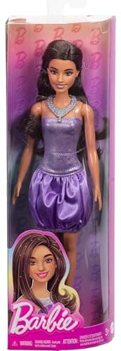 Barbie Fashionistas Brown Barbie Doll in Purple Sequin Puff Dress with Satin Skirt Necklace and Silver Heeled Sandals HYT92 - Image 7