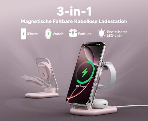 Mag Safe Charger, Charging Station and iPhone 3 in 1 Compatible with iPhone 17 16 15 14 13 12 Pro Max/Air/Plus/Pro, for Apple Watch 10/9, Airpods 3/2/Pro, Foldable, Pink - Image 5