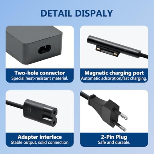 65W Charger Compatible with Microsoft Surface Pro 11 10 9 8 7+ 7 5 4 3, Surface Laptop 7 6 5 4 3 2 1, Surface Book 3 2 1, Surface Go 1 2 3 AC Adapter with USB Port and Cable - Image 4