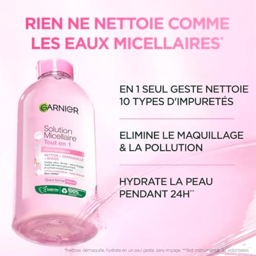 GARNIER Skin Active - All in 1 Micellar Solution - Cleanses, Removes Makeup, Soothes - Micelles and Vegetable Glycerin - Fragrance Free - Vegan & Cruelty Free - Face, Eyes, Lips - Sensitive Skin - 700 - Image 4