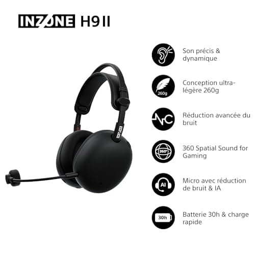 Sony INZONE H9 II Casque Gaming sans Fil à réduction de Bruit - Conçu avec Fnatic, Son Spatialisé 360, Micro Reduction de Bruit avec AI, 30h autonomie, Léger, Bluetooth/Le/2.4GHz/Jack, PC - Noir - Image 3