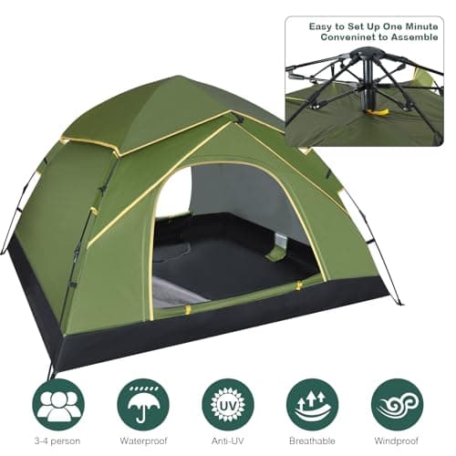 Camping Tent for 3-4 Person, Automatic Pop Up Tent with Double Doors Waterproof Windproof 3-4 Seasons Outdoor Tent for Family Trekking Camping Olive Green - Image 3