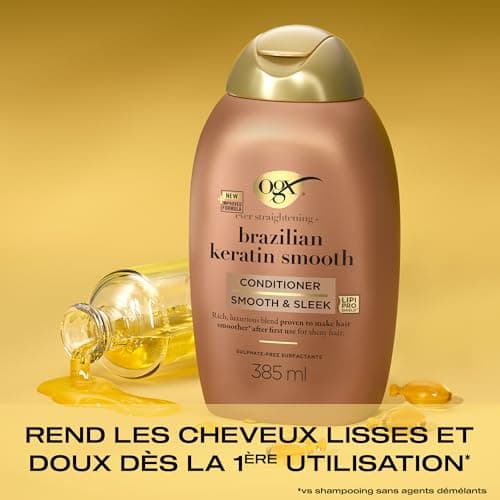 OGX - Brazilian Smoothing Keratin Conditioner (385ml Bottle) - Keratin Smoothing Hair Care for Shiny Hair - Sulfate and Paraben Free Conditioner - Image 4