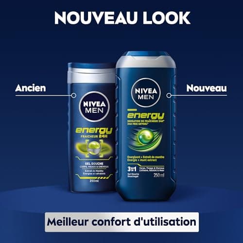 NIVEA MEN Gel Douche Energy (1 x 250 ml) - Soin lavant enrichi en extrait de menthe vivifiante - Gel douche homme 3 EN 1 — Soin nettoyant Corps Visage & Cheveux Vivifiant Effet Fraîcheur 24H - Image 5
